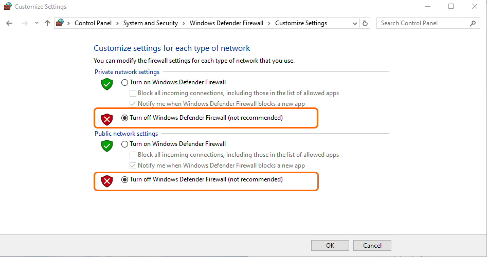 关闭 Windows Defender Firewall